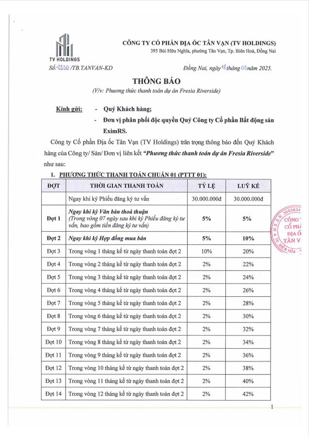 phương thức thanh toán CHUẨN Fresia Riverside